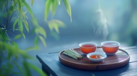 木桌茶碗竹席品茶图