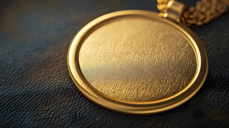 金色圆形吊牌置于皮革表面