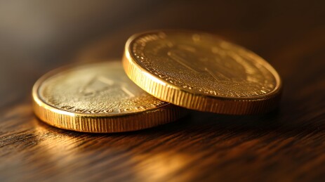 两枚金色硬币置于木质表面