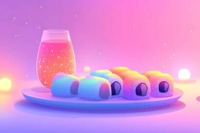 柔光下的寿司拼盘与冰镇清酒