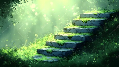 阳光下的青苔覆盖石头台阶