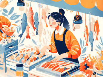 摆摊处理海鲜的女性人物插画