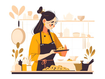 摆盘精致餐点的优雅女性人物插画