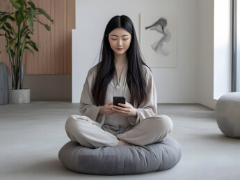 简约室内盘坐专注手机的素雅女性人物图片