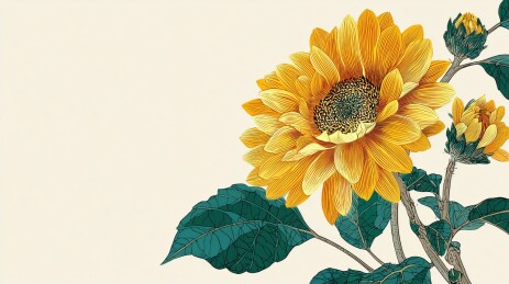 中国风传统工笔画盛开的向日葵扁平水彩插画