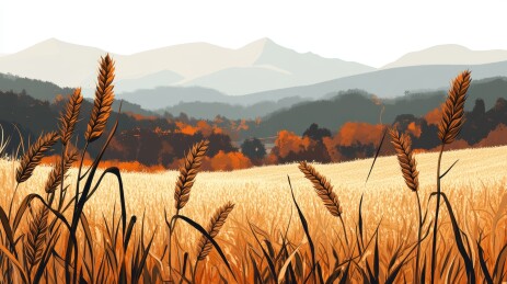 秋野麦穗山峦景致