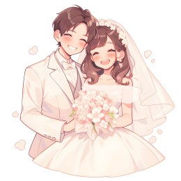 甜蜜相拥的新婚卡通情侣