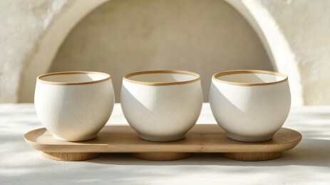 木盘上的白色茶杯