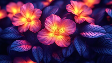 荧光花朵在暗夜中绽放的奇幻美