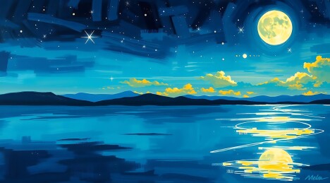 夜幕下的湖畔月光