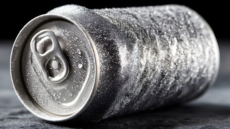 表面有水珠的银色易拉罐