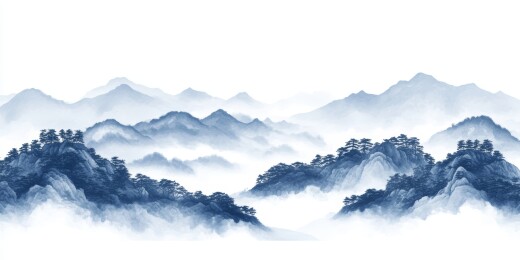 蓝白山水青花瓷风格画