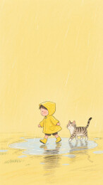 穿雨衣的小朋友在水坑玩耍