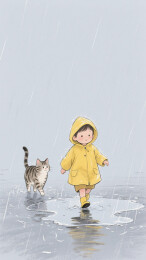 穿雨衣的小朋友在水坑玩耍