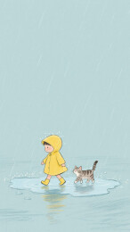 穿雨衣的小朋友在水坑玩耍