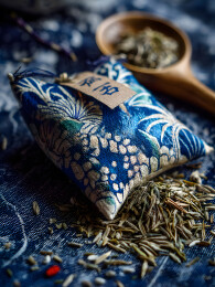 蓝色端午传统香囊特写