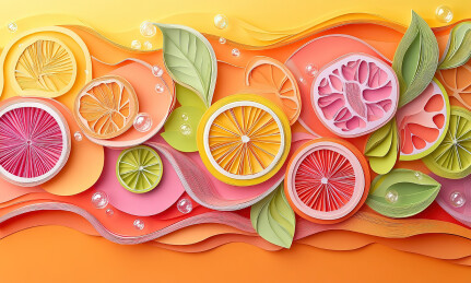 彩色背景上的水果切片的高角度视图