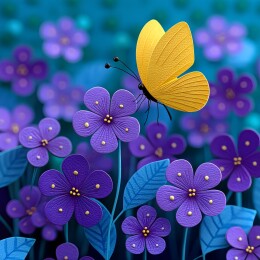 黄蝶紫花田园景