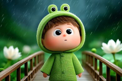 雨中青蛙外套小孩