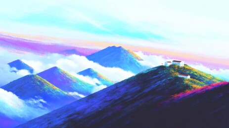 梦幻山峦白屋水彩画