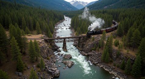 一列蒸汽火车驶过山林河谷中古老的铁路木桥