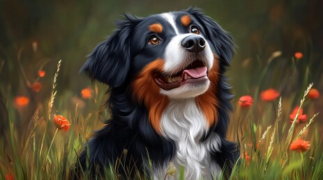 花丛中的可爱伯恩山犬