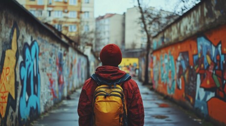 背着黄背包穿行涂鸦小巷的人