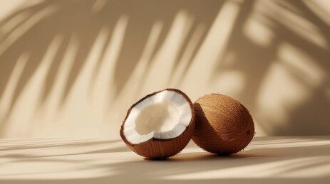 椰子和它的半块放在阳光下的桌子上