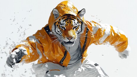 老虎穿着黄色雨衣在水中奔跑