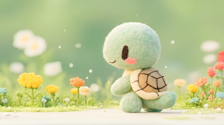 毛绒小乌龟置身缤纷花草间