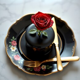 黑盘金餐具上的红玫瑰