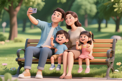 一家四口在公园长椅上自拍