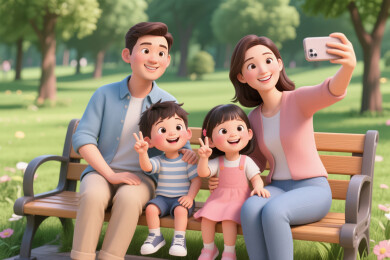 一家四口在公园长椅上自拍