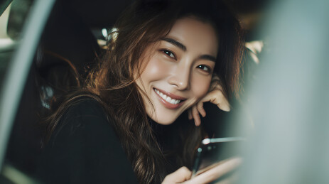 美女在汽车内微笑看手机