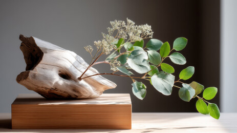 枯木与绿叶的静物