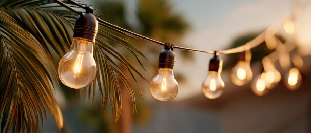 户外灯泡串在黄昏时分