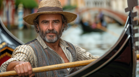 威尼斯河面贡多拉船夫划桨