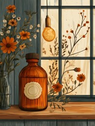 复古药柜上的药瓶盖与干花