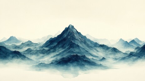 蓝调山水画中的山峰