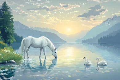 湖边白马饮水天鹅游弋