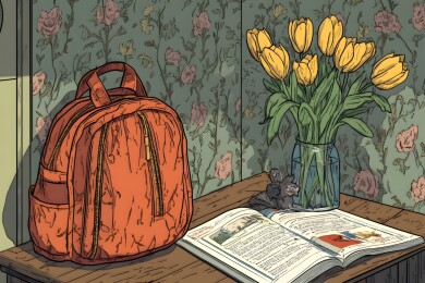 木质桌面上的彩色拉链袋与鲜花