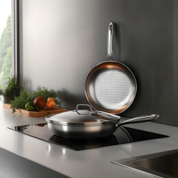 现代厨房里的不锈钢锅具组合