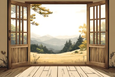 老房子木窗外的宁静田野
