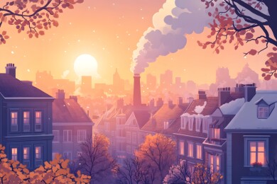 烟囱上升的白烟与古朴建筑