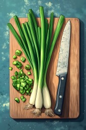 木质砧板上的葱花与姜块