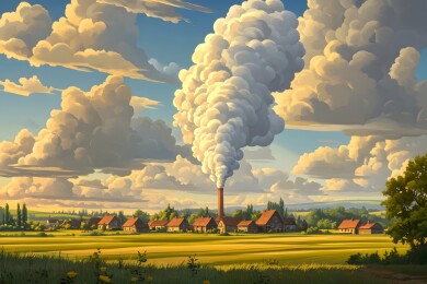 烟囱上升的白烟与古朴建筑