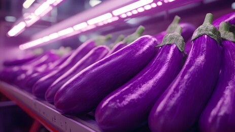 农贸市场摊位上整齐摆放的深紫色茄子