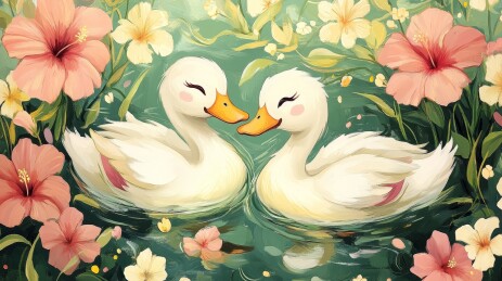 双鸭嬉戏花丛中