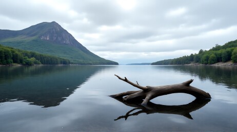 湖中的枯木和山的倒影