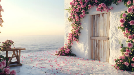 被鲜花围绕的民宿木门